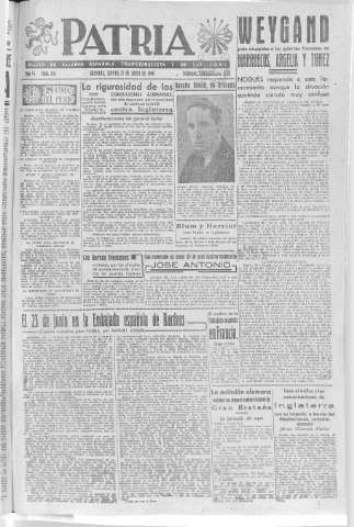 'Patria  : diario de Falange Española Tradicionalista y de las J.O.N.S.' - Año VI Número 954  - 1940 Junio 27