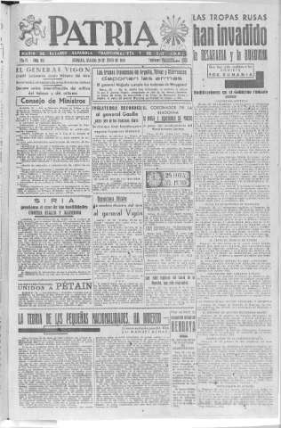 'Patria  : diario de Falange Española Tradicionalista y de las J.O.N.S.' - Año VI Número 956  - 1940 Junio 29
