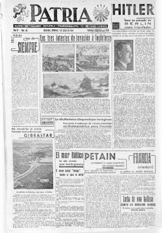 'Patria  : diario de Falange Española Tradicionalista y de las J.O.N.S.' - Año VI Número 963  - 1940 Julio 07