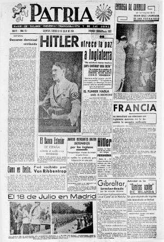 'Patria  : diario de Falange Española Tradicionalista y de las J.O.N.S.' - Año VI Número 974  - 1940 Julio 20