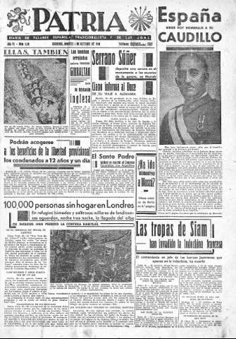 'Patria  : diario de Falange Española Tradicionalista y de las J.O.N.S.' - Año VI Número 1116  - 1940 Octubre 01