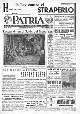 'Patria  : diario de Falange Española Tradicionalista y de las J.O.N.S.' - Año VI Número 1118  - 1940 Octubre 03