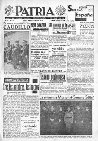 'Patria  : diario de Falange Española Tradicionalista y de las J.O.N.S.' - Año VI Número 1121  - 1940 Octubre 06