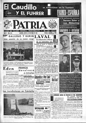 'Patria  : diario de Falange Española Tradicionalista y de las J.O.N.S.' - Año VI Número 1045  - 1940 Octubre 24