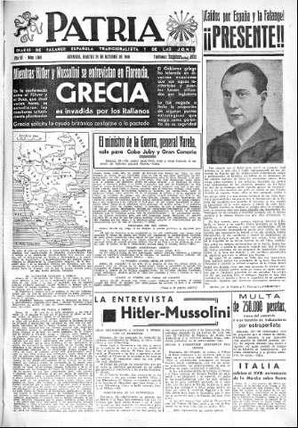 'Patria  : diario de Falange Española Tradicionalista y de las J.O.N.S.' - Año VI Número 1049  - 1940 Octubre 29