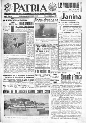 'Patria  : diario de Falange Española Tradicionalista y de las J.O.N.S.' - Año VI Número 1054  - 1940 Noviembre 03