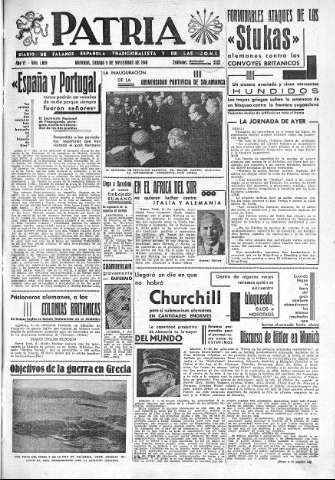 'Patria  : diario de Falange Española Tradicionalista y de las J.O.N.S.' - Año VI Número 1059  - 1940 Noviembre 09