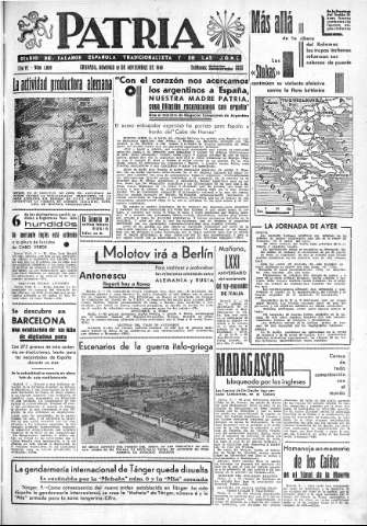 'Patria  : diario de Falange Española Tradicionalista y de las J.O.N.S.' - Año VI Número 1060  - 1940 Noviembre 10