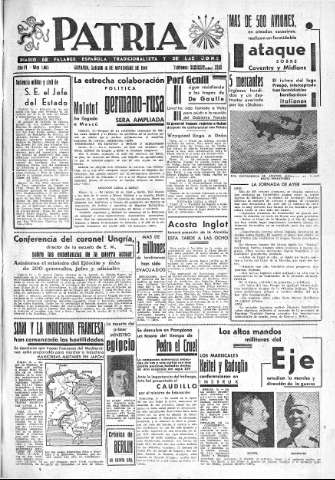'Patria  : diario de Falange Española Tradicionalista y de las J.O.N.S.' - Año VI Número 1065  - 1940 Noviembre 16