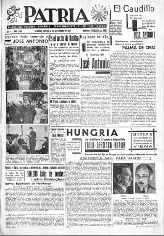 'Patria  : diario de Falange Española Tradicionalista y de las J.O.N.S.' - Año VI Número 1069  - 1940 Noviembre 21
