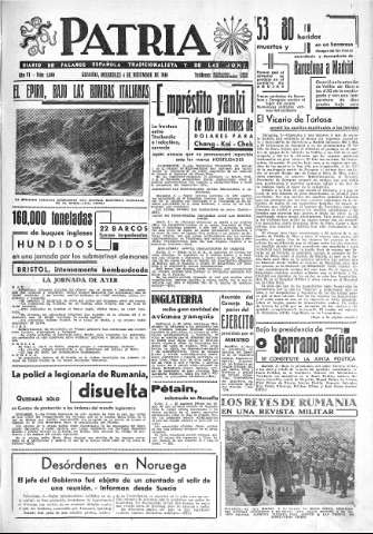 'Patria  : diario de Falange Española Tradicionalista y de las J.O.N.S.' - Año VI Número 1080  - 1940 Diciembre 04