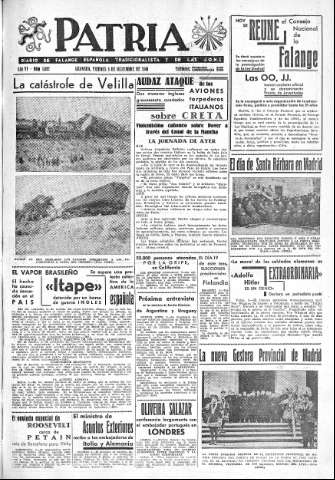 'Patria  : diario de Falange Española Tradicionalista y de las J.O.N.S.' - Año VI Número 1082  - 1940 Diciembre 06