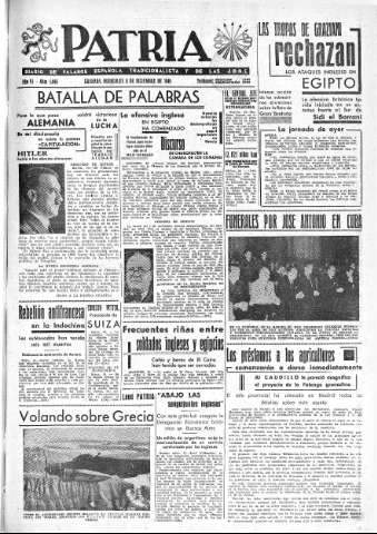'Patria  : diario de Falange Española Tradicionalista y de las J.O.N.S.' - Año VI Número 1086  - 1940 Diciembre 11
