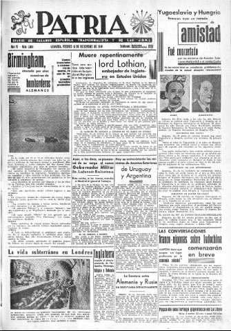 'Patria  : diario de Falange Española Tradicionalista y de las J.O.N.S.' - Año VI Número 1088  - 1940 Diciembre 13