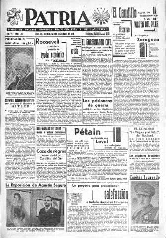 'Patria  : diario de Falange Española Tradicionalista y de las J.O.N.S.' - Año VI Número 1092  - 1940 Diciembre 18