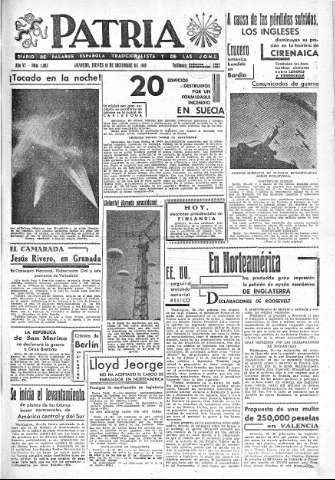 'Patria  : diario de Falange Española Tradicionalista y de las J.O.N.S.' - Año VI Número 1093  - 1940 Diciembre 19