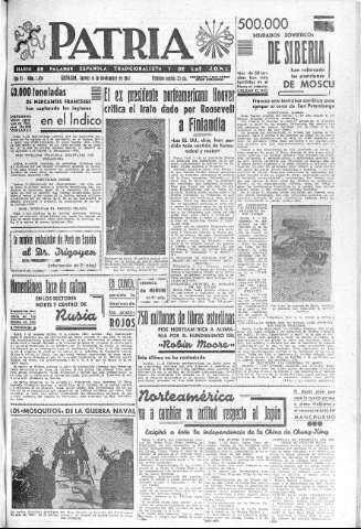 'Patria  : diario de Falange Española Tradicionalista y de las J.O.N.S.' - Año VI Número 1454  - 1941 Noviembre 06