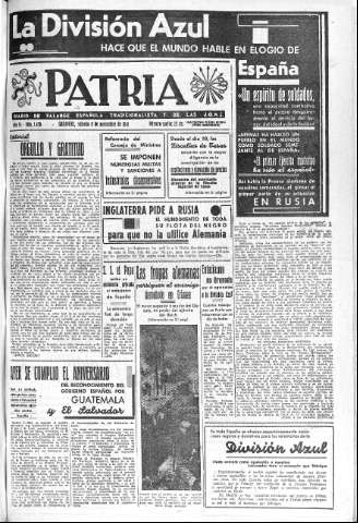 'Patria  : diario de Falange Española Tradicionalista y de las J.O.N.S.' - Año VI Número 1456  - 1941 Noviembre 08