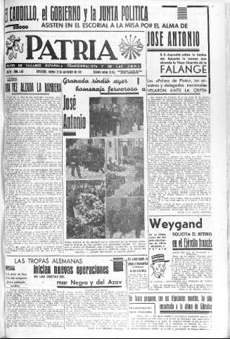 'Patria  : diario de Falange Española Tradicionalista y de las J.O.N.S.' - Año VI Número 1467  - 1941 Noviembre 21