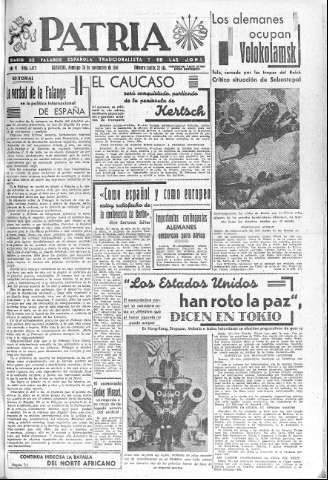 'Patria  : diario de Falange Española Tradicionalista y de las J.O.N.S.' - Año VI Número 1475  - 1941 Noviembre 30