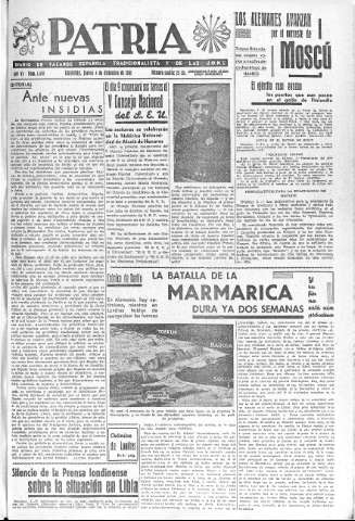 'Patria  : diario de Falange Española Tradicionalista y de las J.O.N.S.' - Año VI Número 1478  - 1941 Diciembre 04