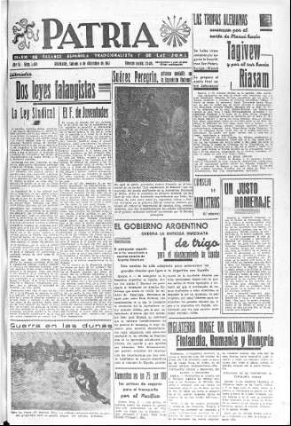 'Patria  : diario de Falange Española Tradicionalista y de las J.O.N.S.' - Año VI Número 1480  - 1941 Diciembre 06