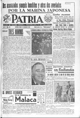 'Patria  : diario de Falange Española Tradicionalista y de las J.O.N.S.' - Año VI Número 1482  - 1941 Diciembre 09