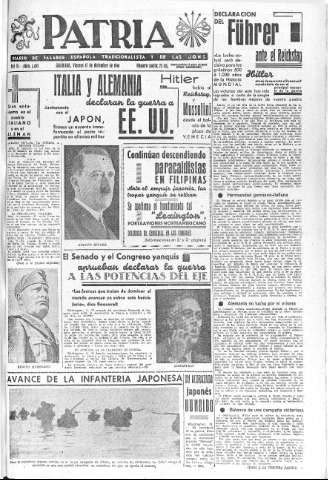'Patria  : diario de Falange Española Tradicionalista y de las J.O.N.S.' - Año VI Número 1485  - 1941 Diciembre 12