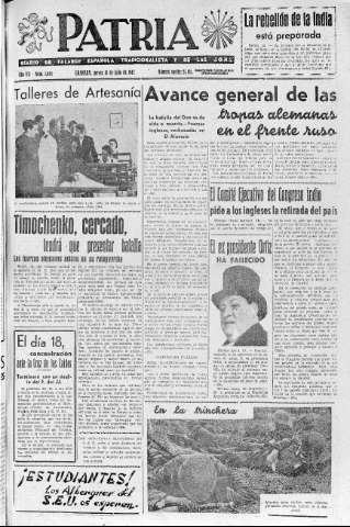'Patria  : diario de Falange Española Tradicionalista y de las J.O.N.S.' - Año VII Número 1664  - 1942 Julio 16