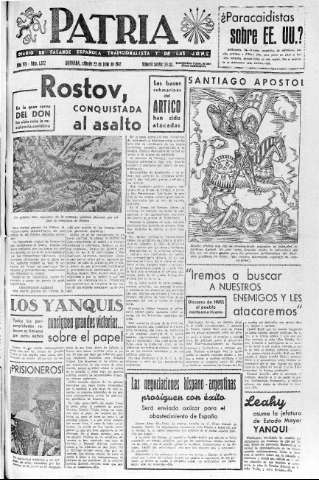 'Patria  : diario de Falange Española Tradicionalista y de las J.O.N.S.' - Año VII Número 1672  - 1942 Julio 25