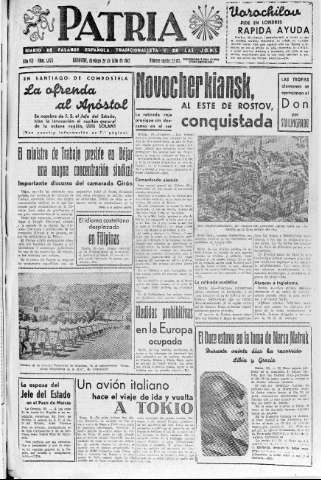 'Patria  : diario de Falange Española Tradicionalista y de las J.O.N.S.' - Año VII Número 1673  - 1942 Julio 26