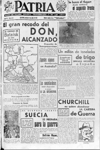 'Patria  : diario de Falange Española Tradicionalista y de las J.O.N.S.' - Año VII Número 1674  - 1942 Julio 28