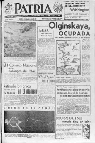 'Patria  : diario de Falange Española Tradicionalista y de las J.O.N.S.' - Año VII Número 1675  - 1942 Julio 29