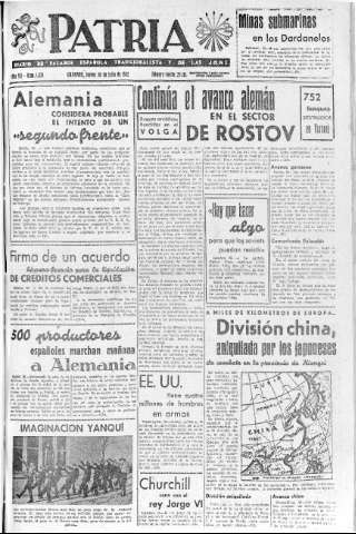 'Patria  : diario de Falange Española Tradicionalista y de las J.O.N.S.' - Año VII Número 1676  - 1942 Julio 30