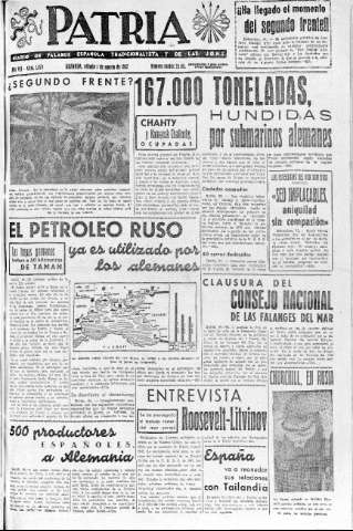 'Patria  : diario de Falange Española Tradicionalista y de las J.O.N.S.' - Año VII Número 1678  - 1942 Agosto 01