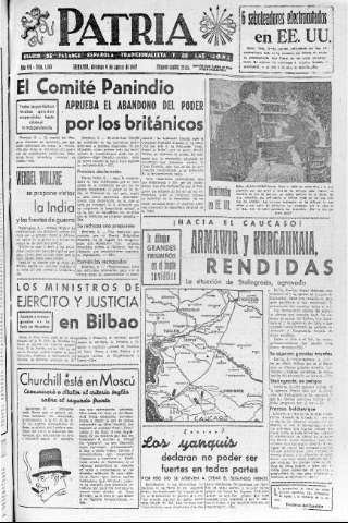 'Patria  : diario de Falange Española Tradicionalista y de las J.O.N.S.' - Año VII Número 1685  - 1942 Agosto 09