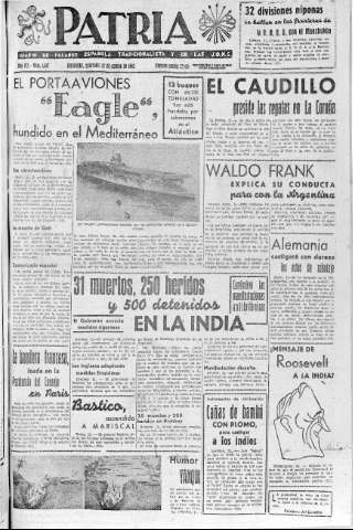 'Patria  : diario de Falange Española Tradicionalista y de las J.O.N.S.' - Año VII Número 1687  - 1942 Agosto 12