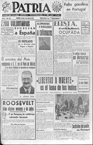 'Patria  : diario de Falange Española Tradicionalista y de las J.O.N.S.' - Año VII Número 1689  - 1942 Agosto 14