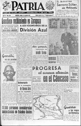 'Patria  : diario de Falange Española Tradicionalista y de las J.O.N.S.' - Año VII Número 1690  - 1942 Agosto 15