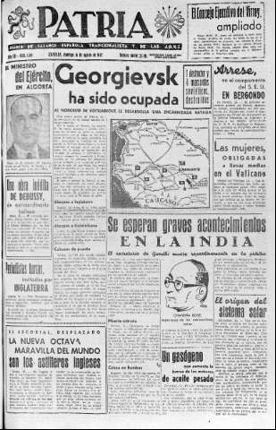 'Patria  : diario de Falange Española Tradicionalista y de las J.O.N.S.' - Año VII Número 1691  - 1942 Agosto 16