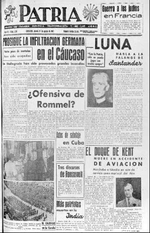 'Patria  : diario de Falange Española Tradicionalista y de las J.O.N.S.' - Año VII Número 1700  - 1942 Agosto 27