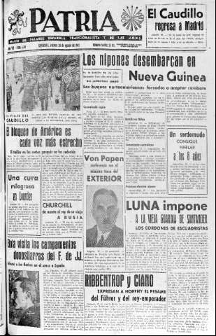 'Patria  : diario de Falange Española Tradicionalista y de las J.O.N.S.' - Año VII Número 1701  - 1942 Agosto 28