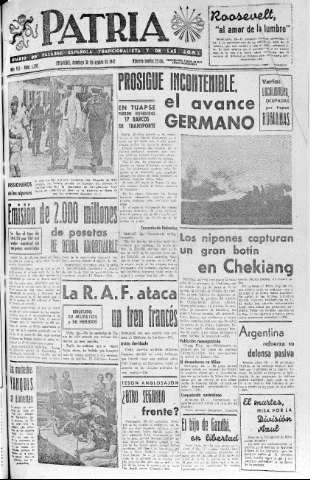 'Patria  : diario de Falange Española Tradicionalista y de las J.O.N.S.' - Año VII Número 1703  - 1942 Agosto 30