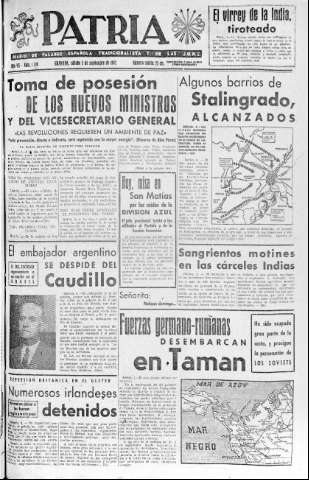 'Patria  : diario de Falange Española Tradicionalista y de las J.O.N.S.' - Año VII Número 1708  - 1942 Septiembre 05