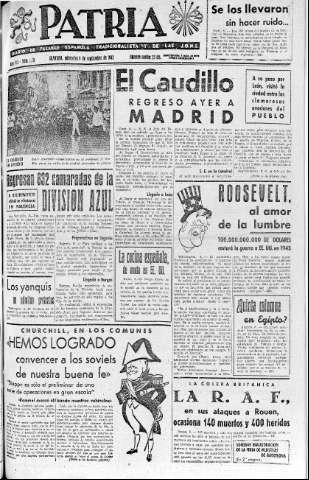 'Patria  : diario de Falange Española Tradicionalista y de las J.O.N.S.' - Año VII Número 1711  - 1942 Septiembre 09