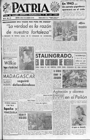 'Patria  : diario de Falange Española Tradicionalista y de las J.O.N.S.' - Año VII Número 1720  - 1942 Septiembre 18