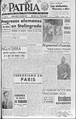 'Patria  : diario de Falange Española Tradicionalista y de las J.O.N.S.' - Año VII Número 1722  - 1942 Septiembre 20