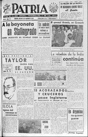 'Patria  : diario de Falange Española Tradicionalista y de las J.O.N.S.' - Año VII Número 1724  - 1942 Septiembre 23
