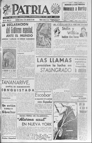 'Patria  : diario de Falange Española Tradicionalista y de las J.O.N.S.' - Año VII Número 1725  - 1942 Septiembre 24