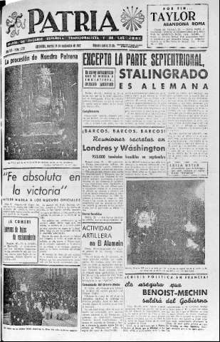 'Patria  : diario de Falange Española Tradicionalista y de las J.O.N.S.' - Año VII Número 1729  - 1942 Septiembre 29